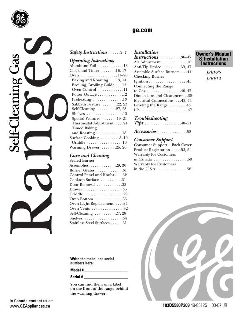 Page n°1 - Manuel d'utilisation et d'entretien GE J2BP85SELSS