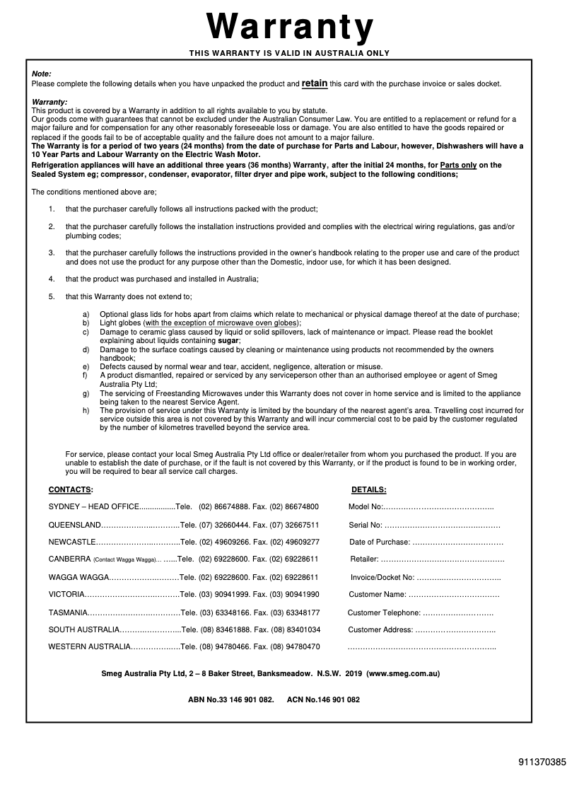 Page 1 de la notice Informations de garantie Smeg FS9606XSN