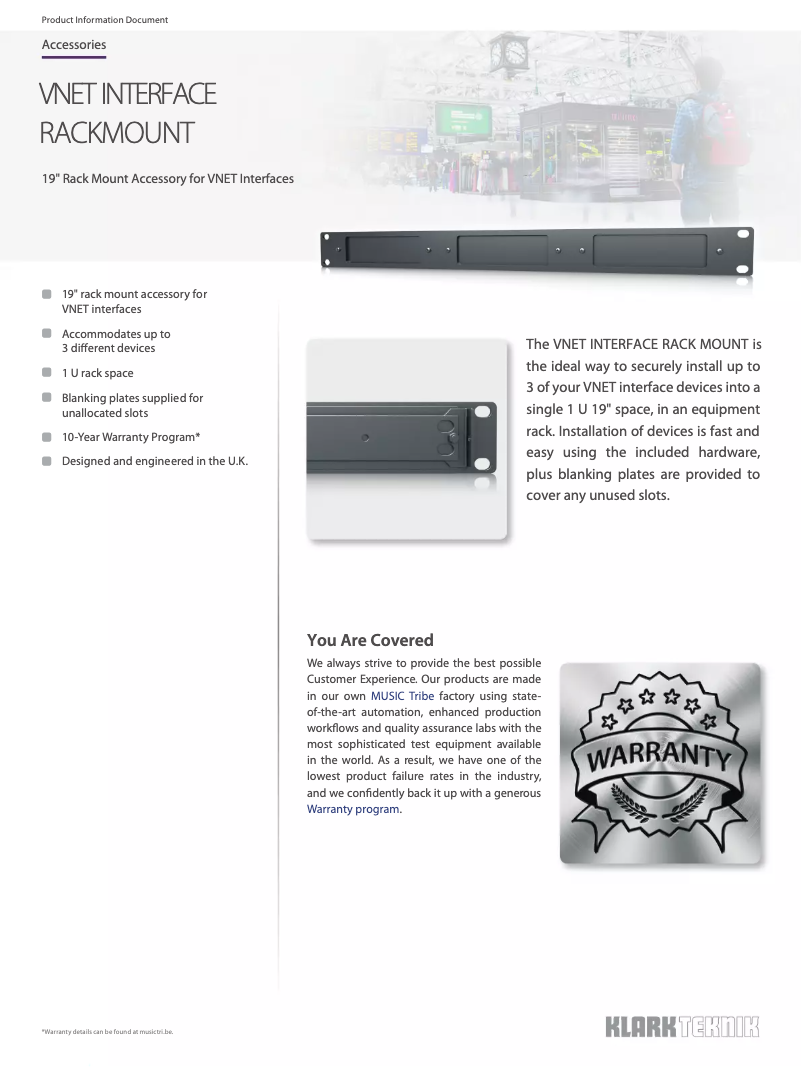 Page 1 de la notice Fiche technique Klark Teknik Vnet Interface Rack Mount