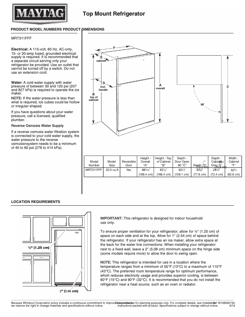 Page 1 de la notice Fiche technique Maytag MRT311FFFWH
