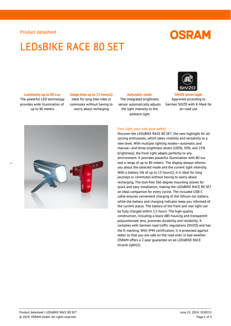 Page 1 de la notice Fiche technique Osram LEDsBIKE RACE 80 SET