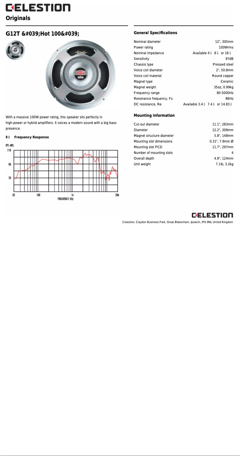 Page 1 de la notice Manuel utilisateur Celestion G12T