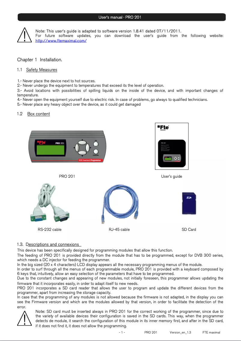 Imagen de la primera página del manual del dispositivo PRO 201