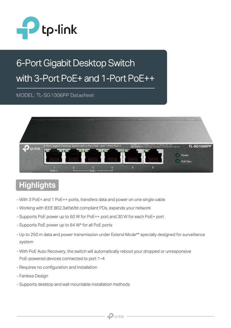 Página 1 del manual Ficha técnica TP-Link TL-SG1006PP