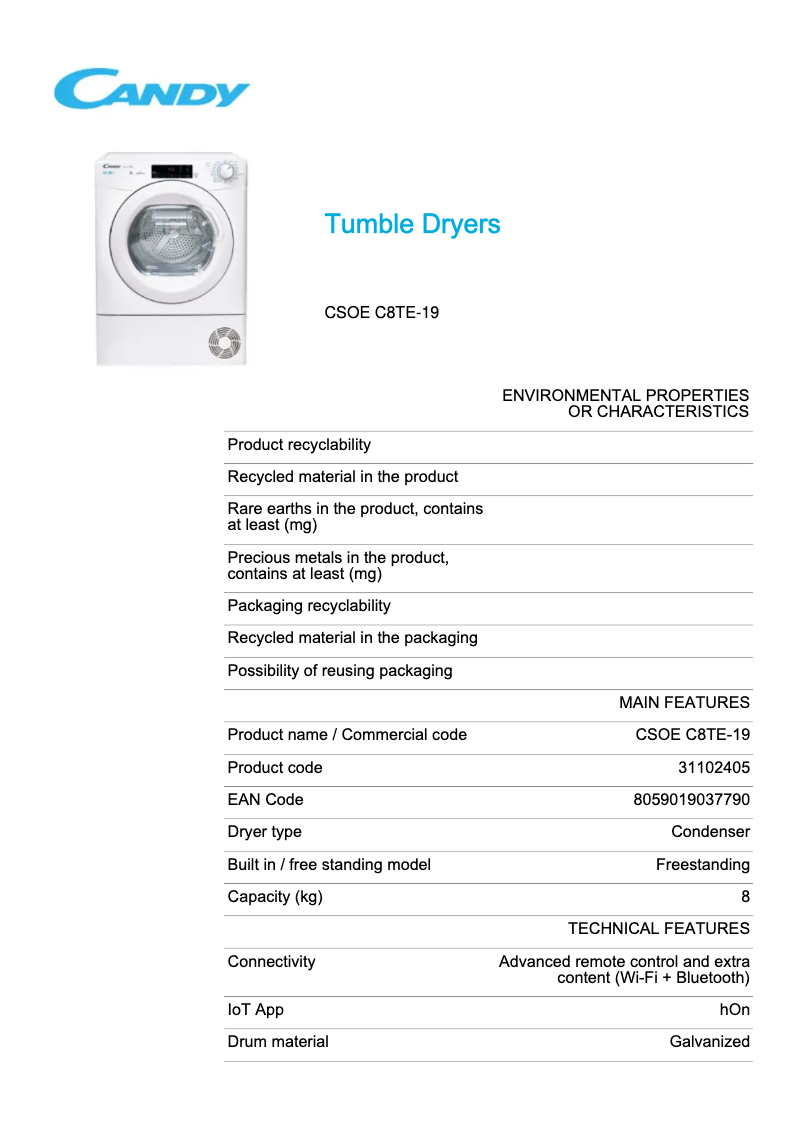Page 1 de la notice Fiche technique Candy CSOE C8TE-19