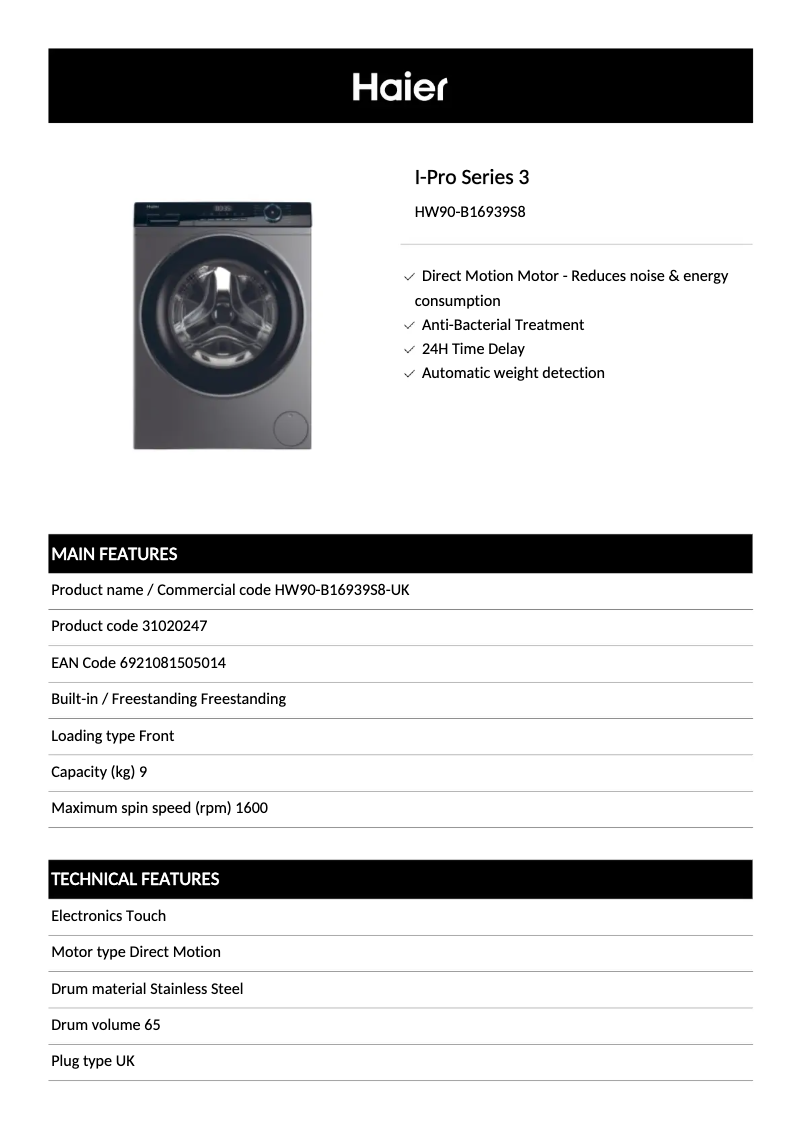 Page 1 de la notice Fiche technique Haier HW90-B16939S8