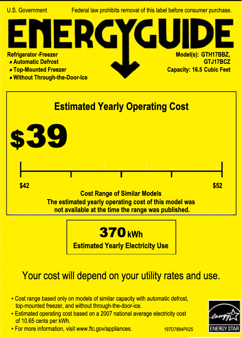 Página 1 del manual Etiqueta energética GE GTJ17BCZSA