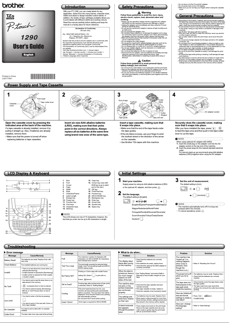 Page 1 de la notice Manuel utilisateur Brother P-Touch 1290