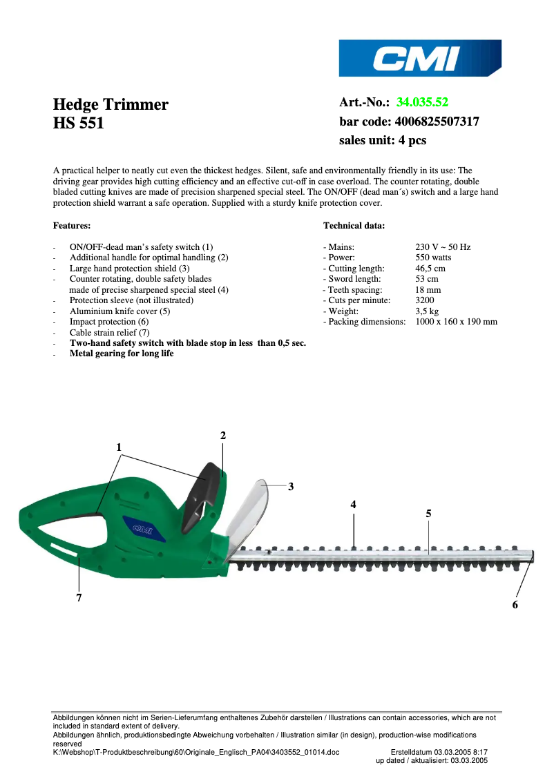 Page 1 de la notice Fiche technique CMI HS 550/1