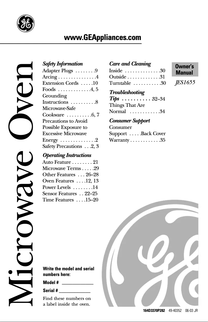Page 1 of the manual User Manual GE JES1655WF