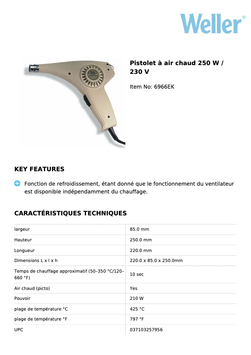 Page 1 de la notice Fiche technique Weller 6966EK