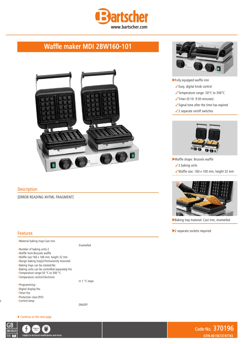 Page 1 de la notice Fiche technique Bartscher MDI 2BW160