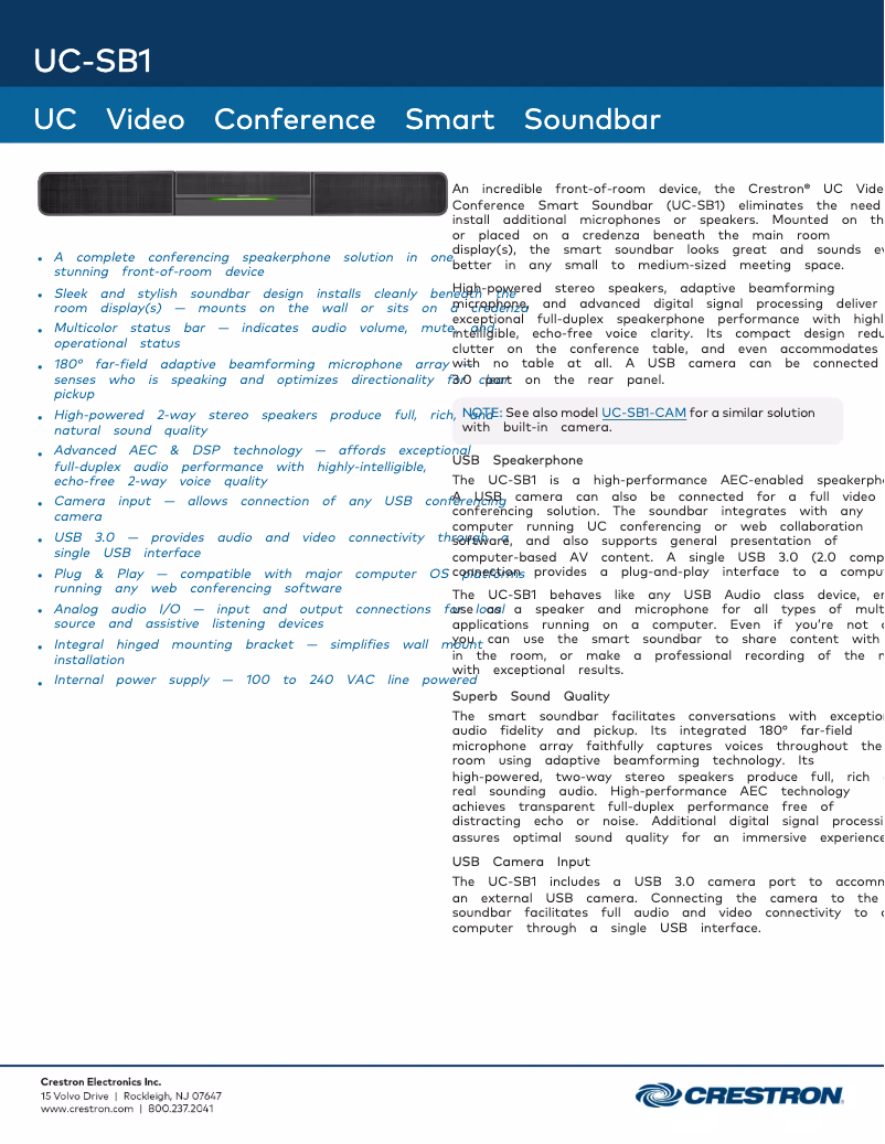Page 1 de la notice Fiche technique Crestron UC-SB1