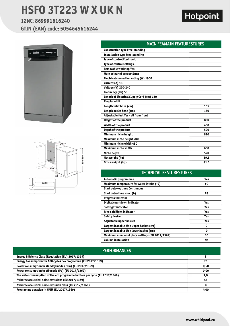 Page 1 de la notice Fiche technique Hotpoint HSFO 3T223 W X UK N
