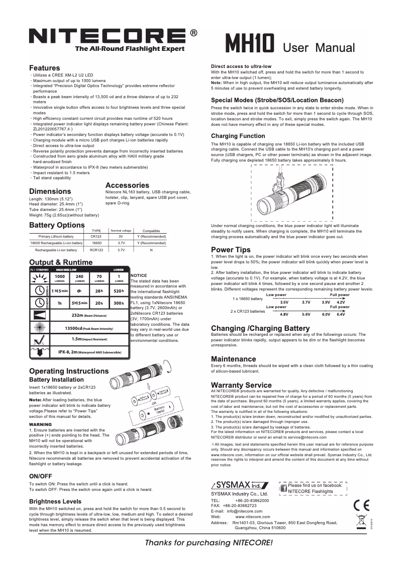 Page n°1 - Manuel utilisateur Nitecore MH10