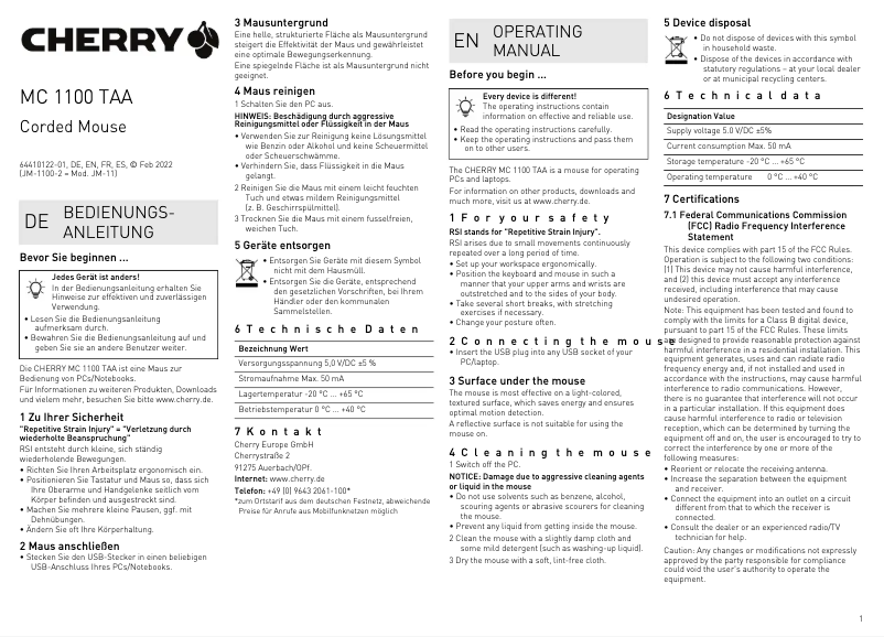 Page 1 de la notice Manuel utilisateur Cherry MC 1100 TAA