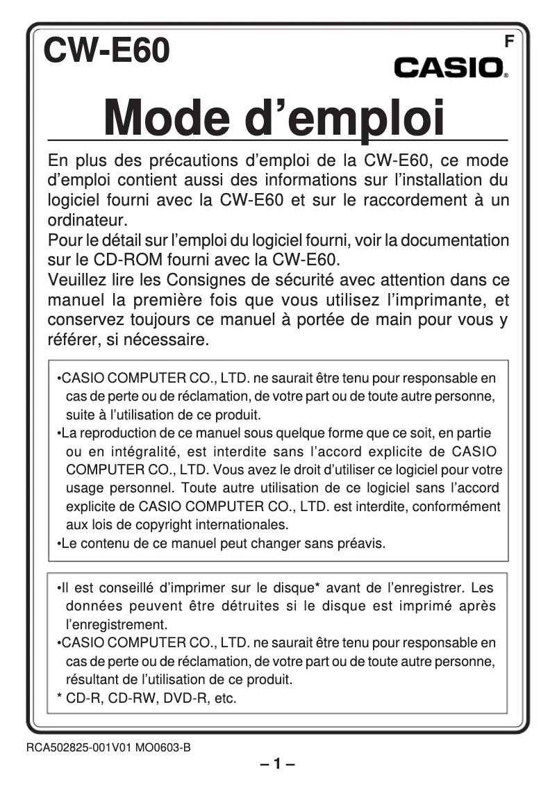 Page n°1 - Manuel utilisateur Casio CW-E60