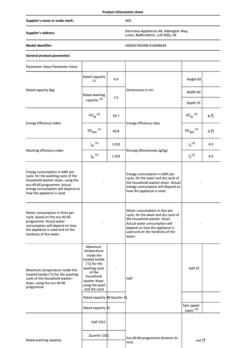 Page 1 de la notice Fiche technique AEG LX6WG74634BI