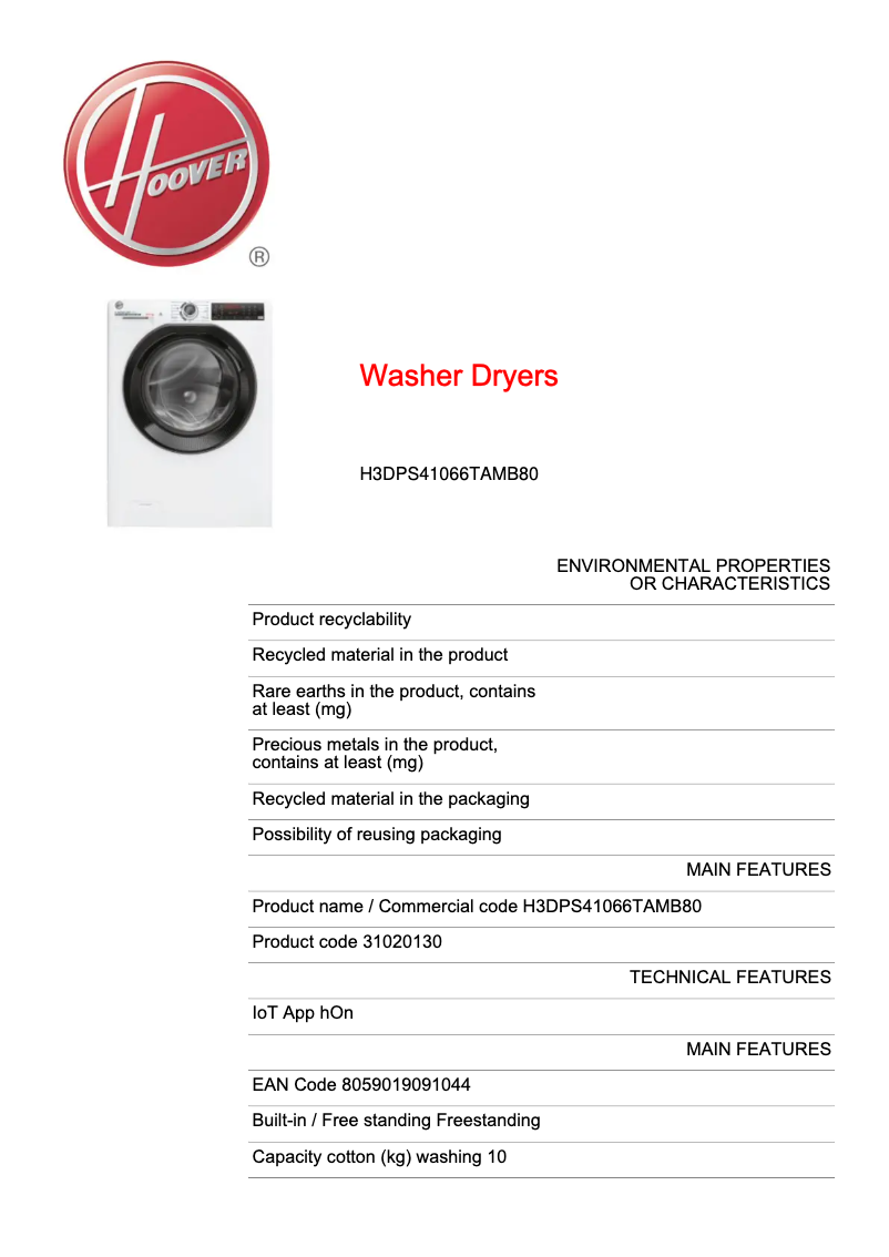 Page 1 de la notice Fiche technique Hoover H3DPS41066TAMB80