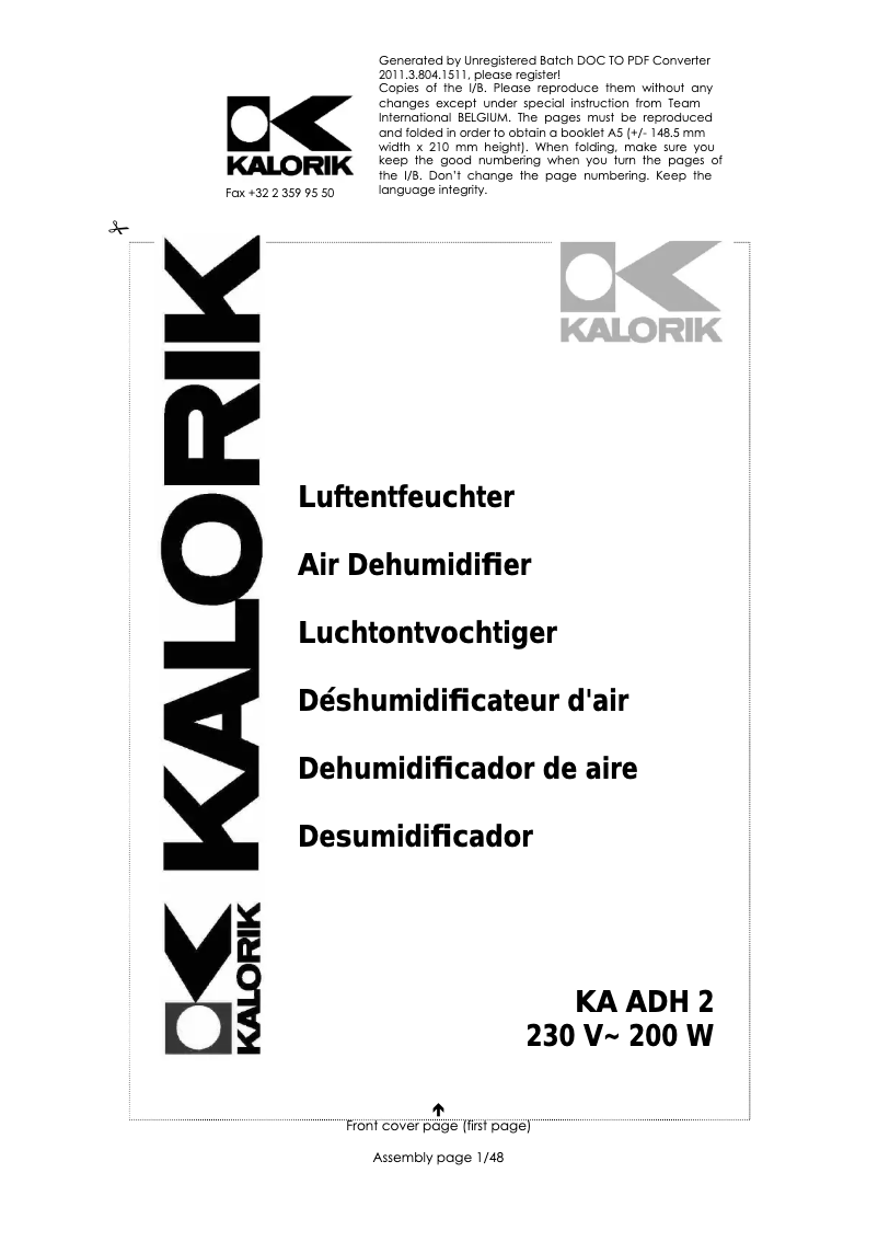 Page 1 de la notice Manuel utilisateur Kalorik KA ADH 2