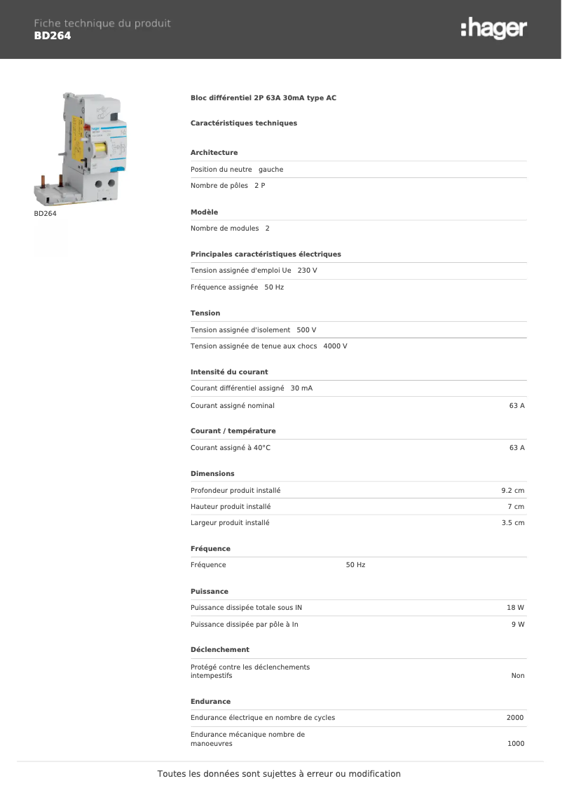 Page 1 de la notice Fiche technique Hager BD264