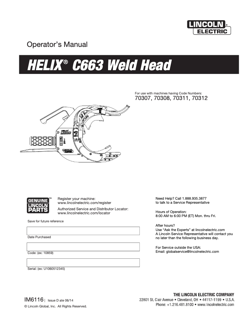 Page 1 de la notice Manuel utilisateur Lincoln Electric Helix C663 Weld Head