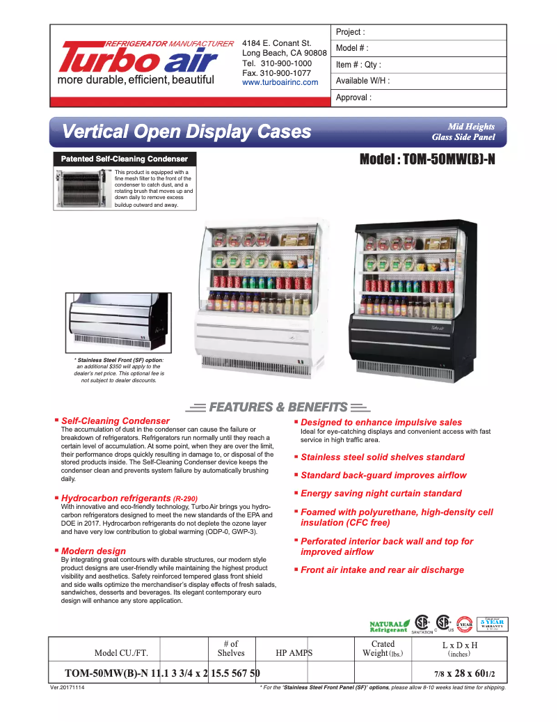 Página 1 del manual Ficha técnica Turbo air TOM-50M