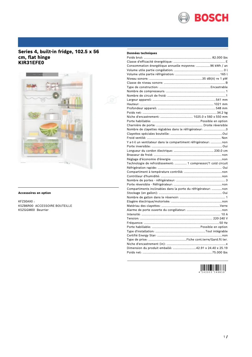 Page n°1 - Fiche technique Bosch KIR31EFE0