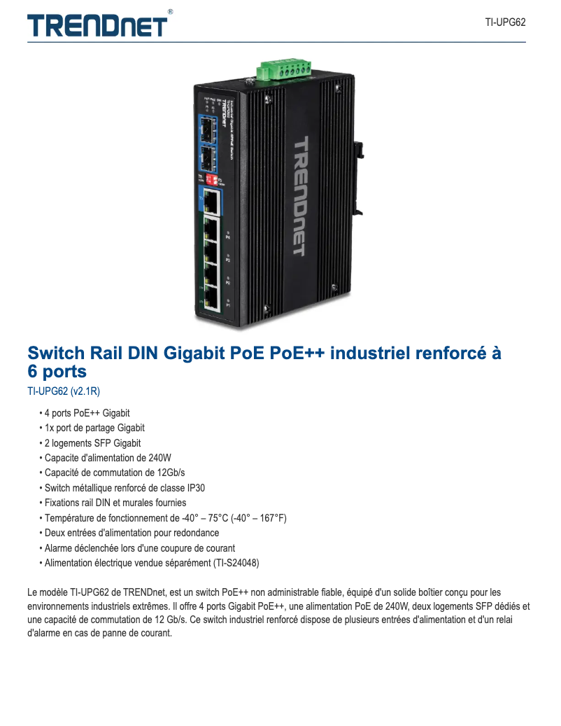 Page 1 de la notice Fiche technique TRENDnet TI-UPG62