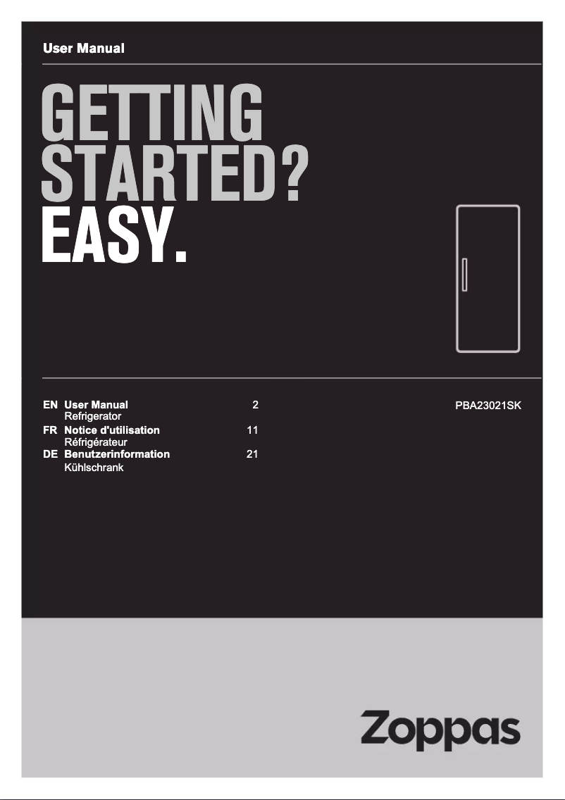 Page 1 de la notice Manuel utilisateur Zoppas PBA23021SK