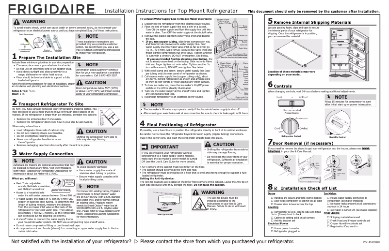 Page 1 de la notice Guide d'installation Frigidaire FFTR1835VB