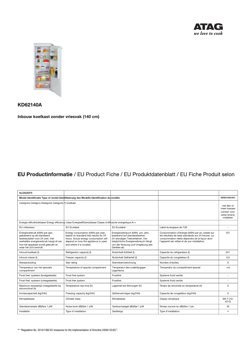 Page 1 de la notice Fiche technique Atag KD62140A