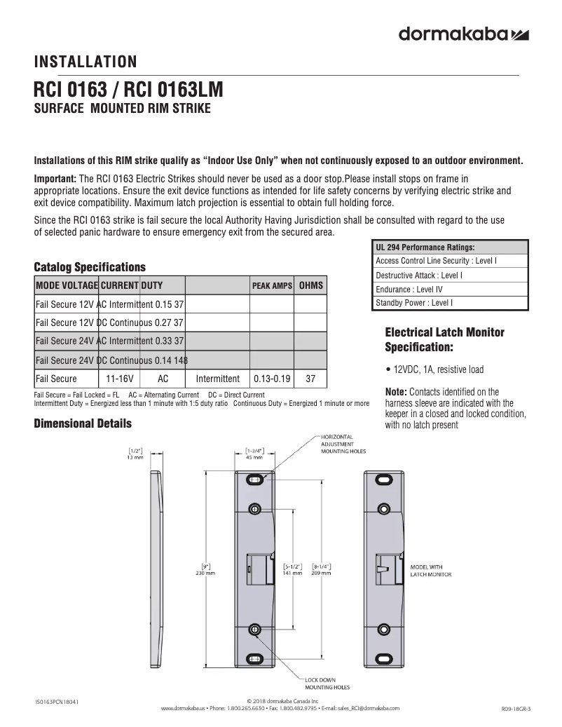 Page 1 de la notice Manuel utilisateur Dormakaba RCI 0163