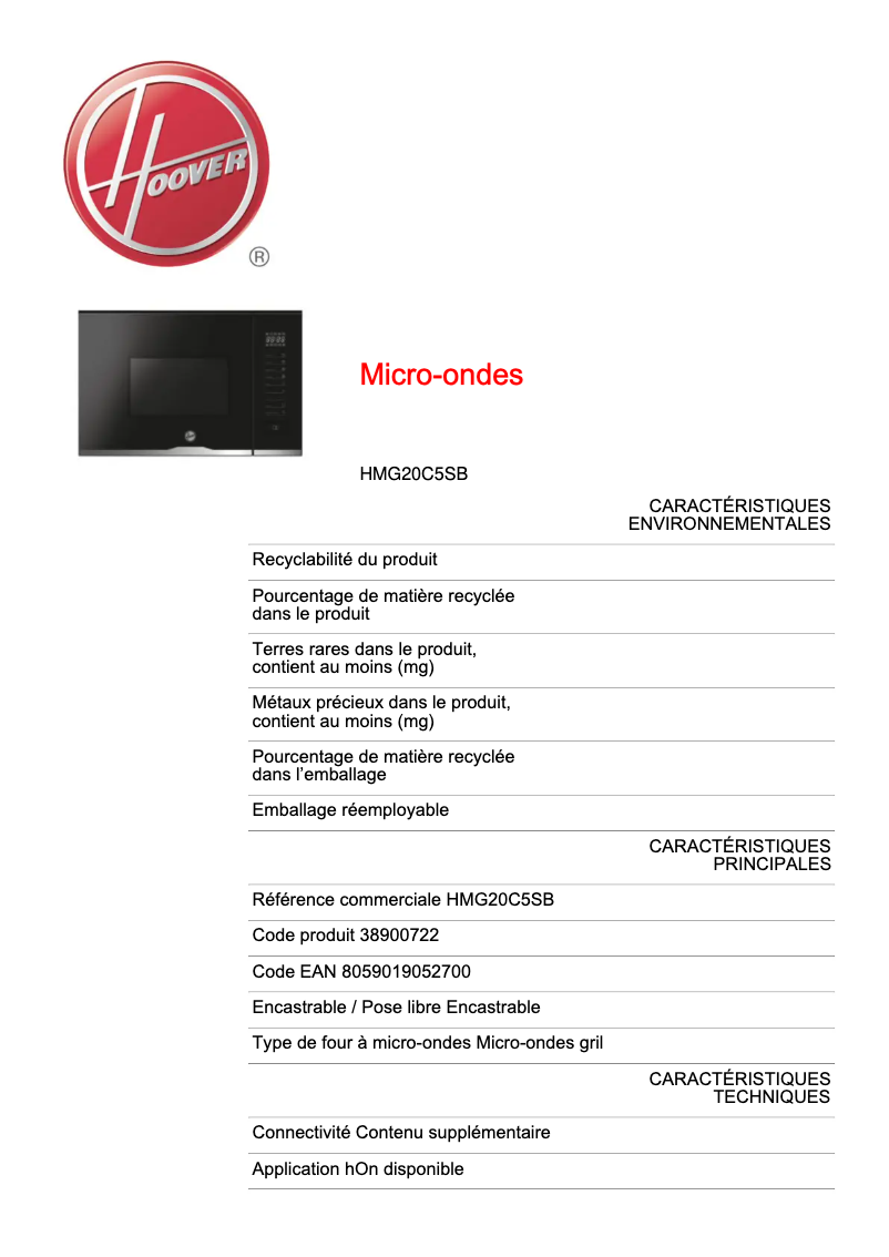 Page 1 of the manual Technical Sheet Hoover HMG20C5SB