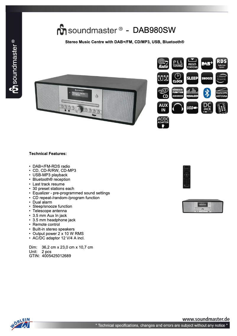 Page 1 de la notice Fiche technique Soundmaster DAB980