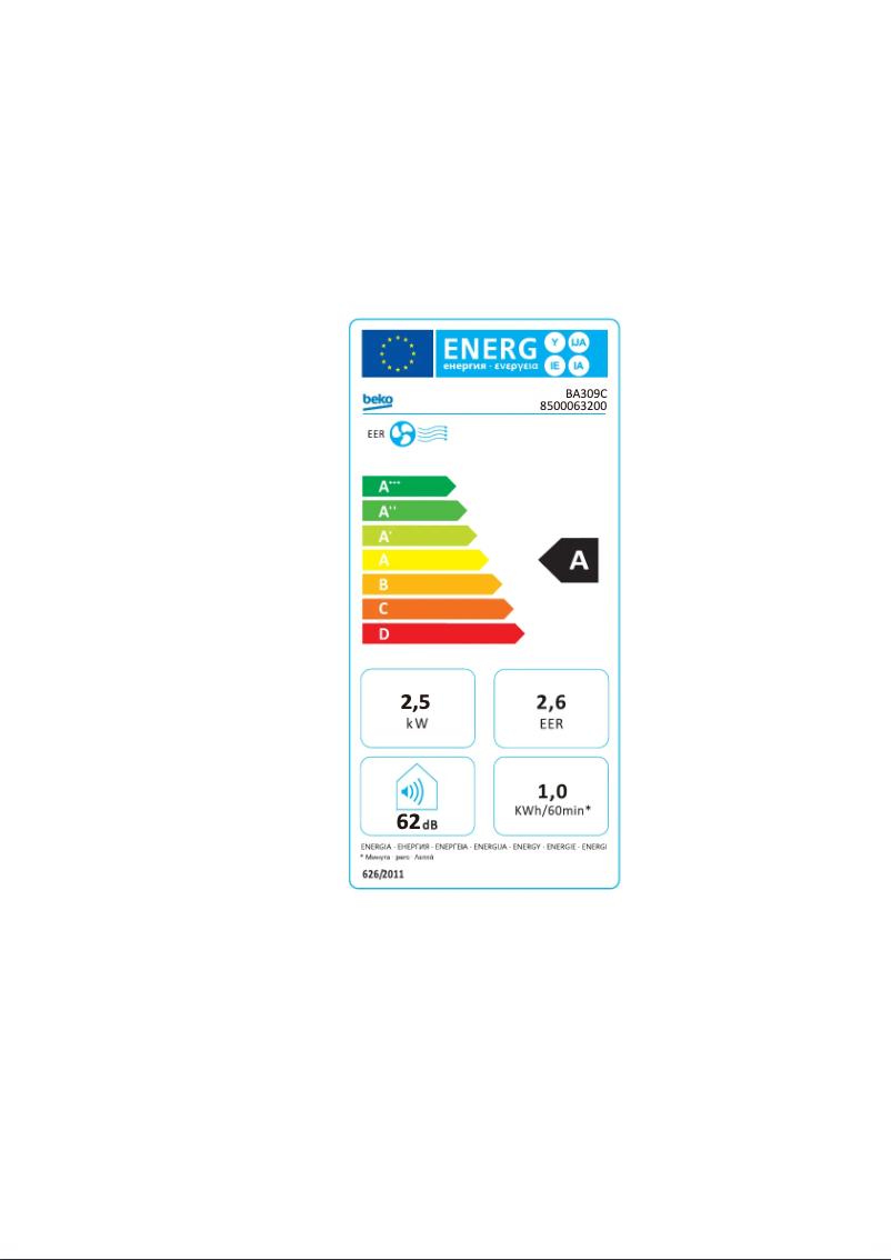 Page 1 of the manual Energy Label Beko BA309C