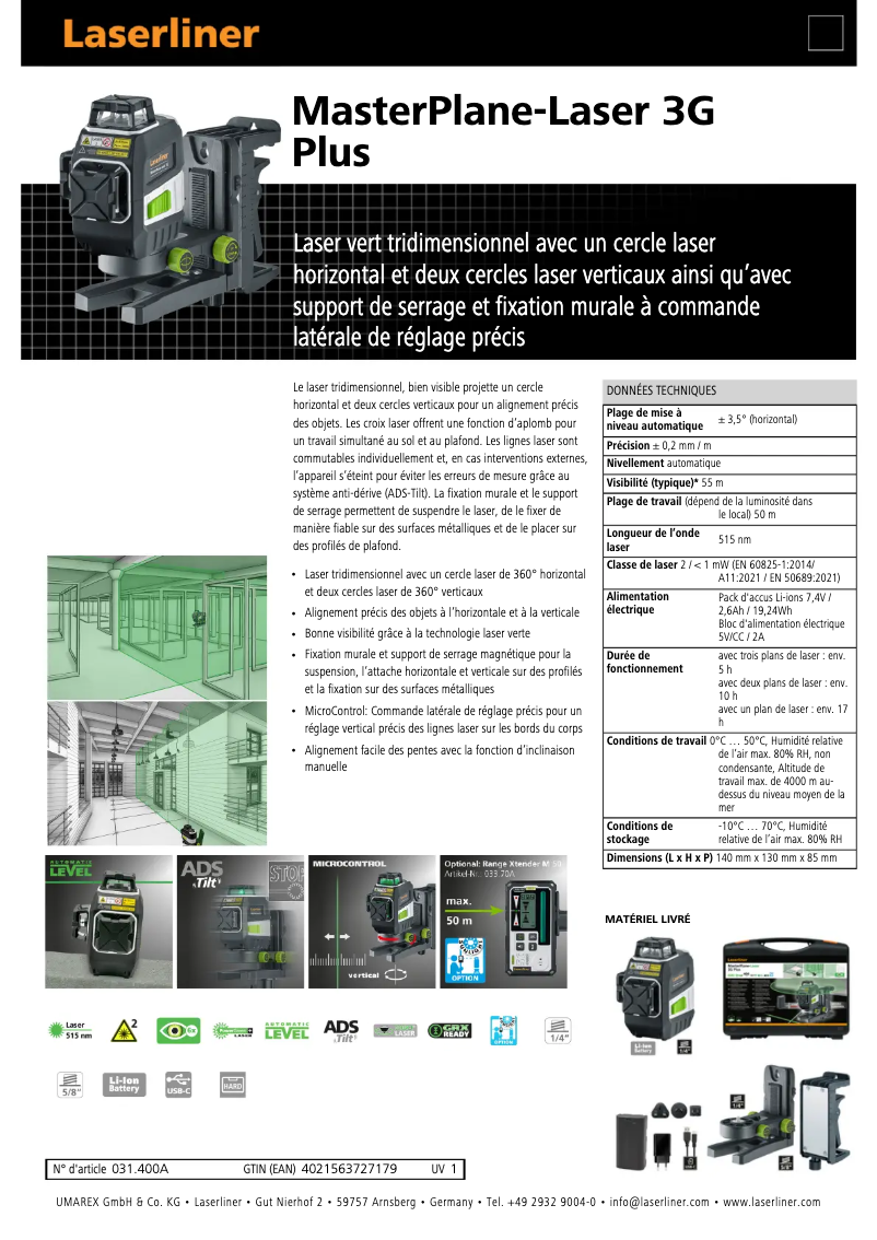 Page n°1 - Fiche technique Laserliner MasterPlane-Laser 3G Plus