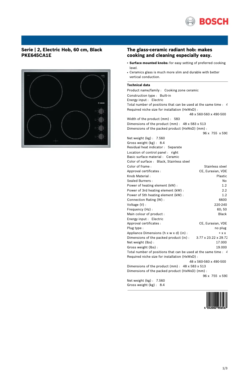 Page 1 of the manual Technical Sheet Bosch PKE645CA1E