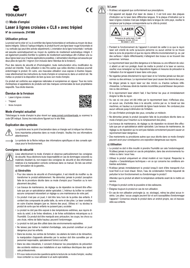 Page 1 de la notice Manuel utilisateur Toolcraft CL8