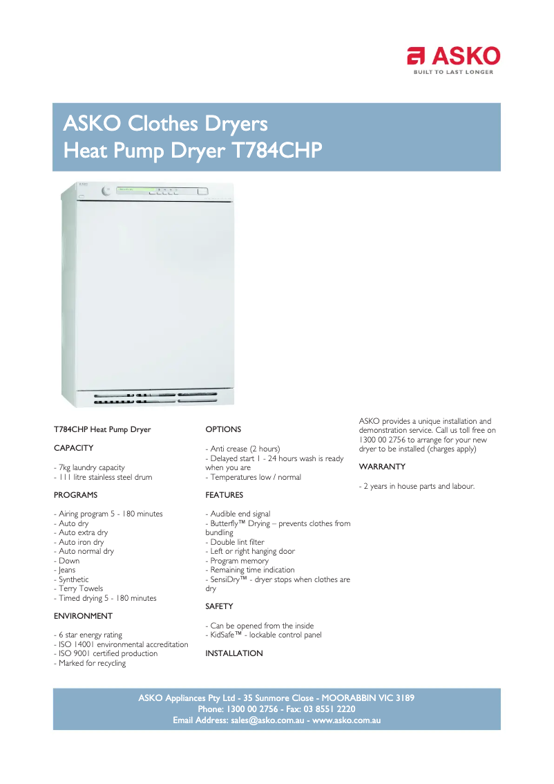 Page n°1 - Fiche technique Asko T784CHP