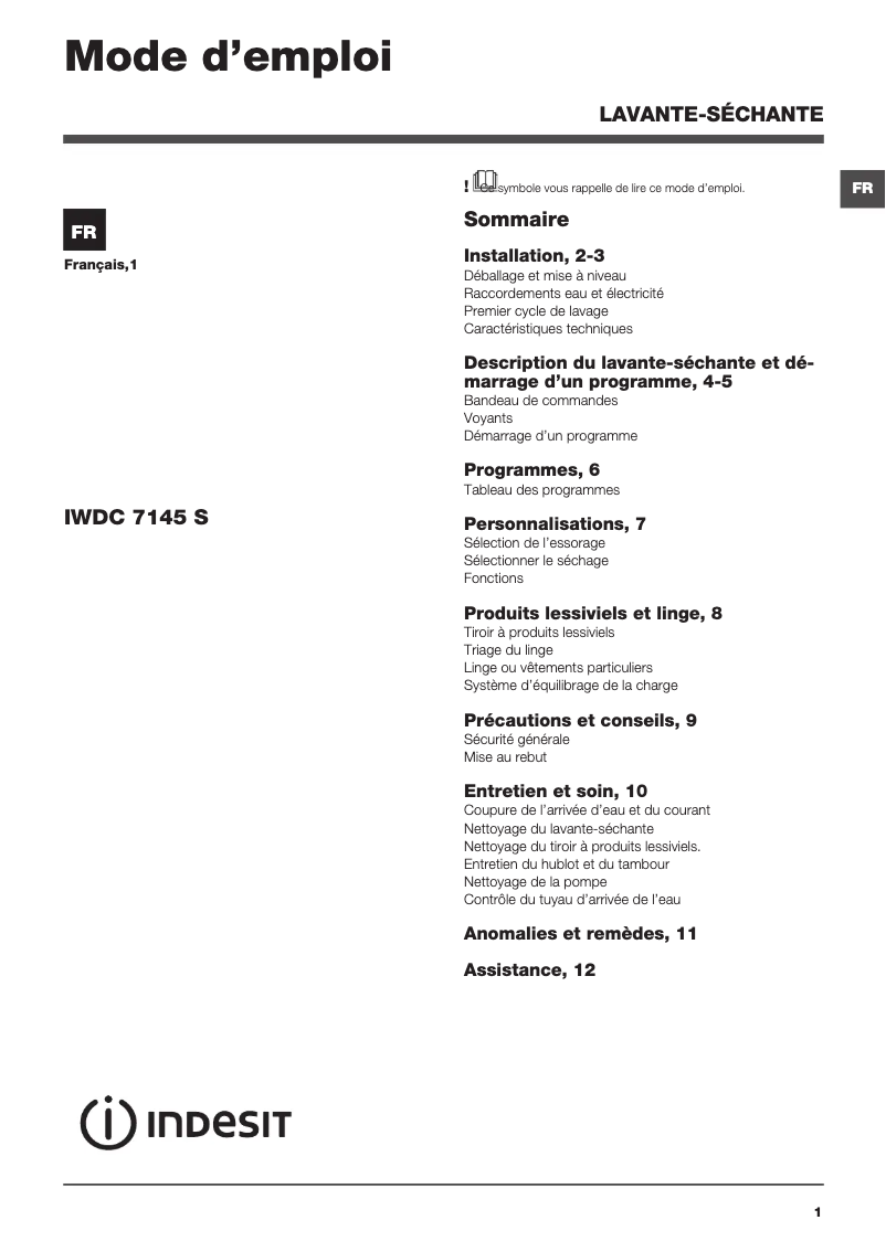Página 1 del manual Manual de usuario Indesit IWDC 7145 S (FR)