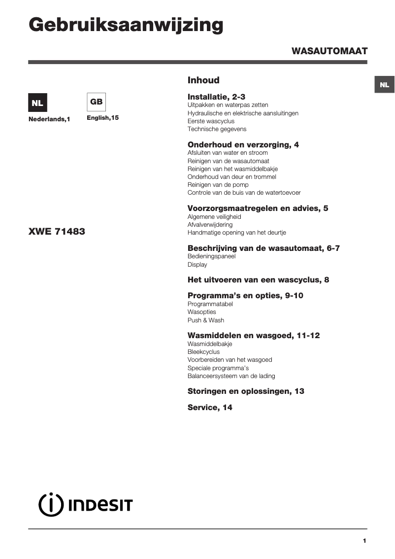Page 1 de la notice Manuel utilisateur Indesit XWE 71483X WSSS