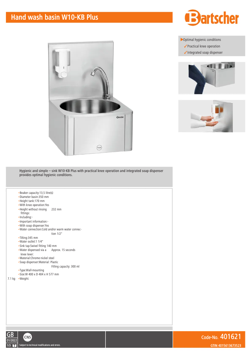 Page 1 de la notice Fiche technique Bartscher W10-KB Plus