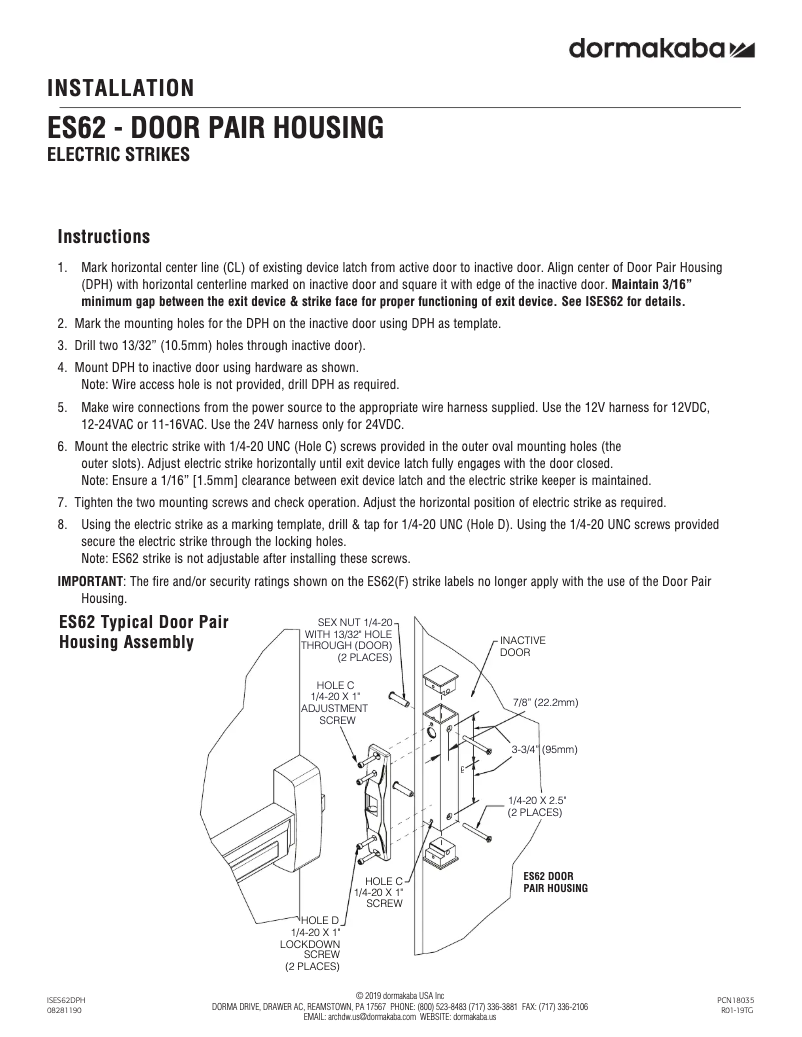Page 1 de la notice Manuel utilisateur Dormakaba ES62