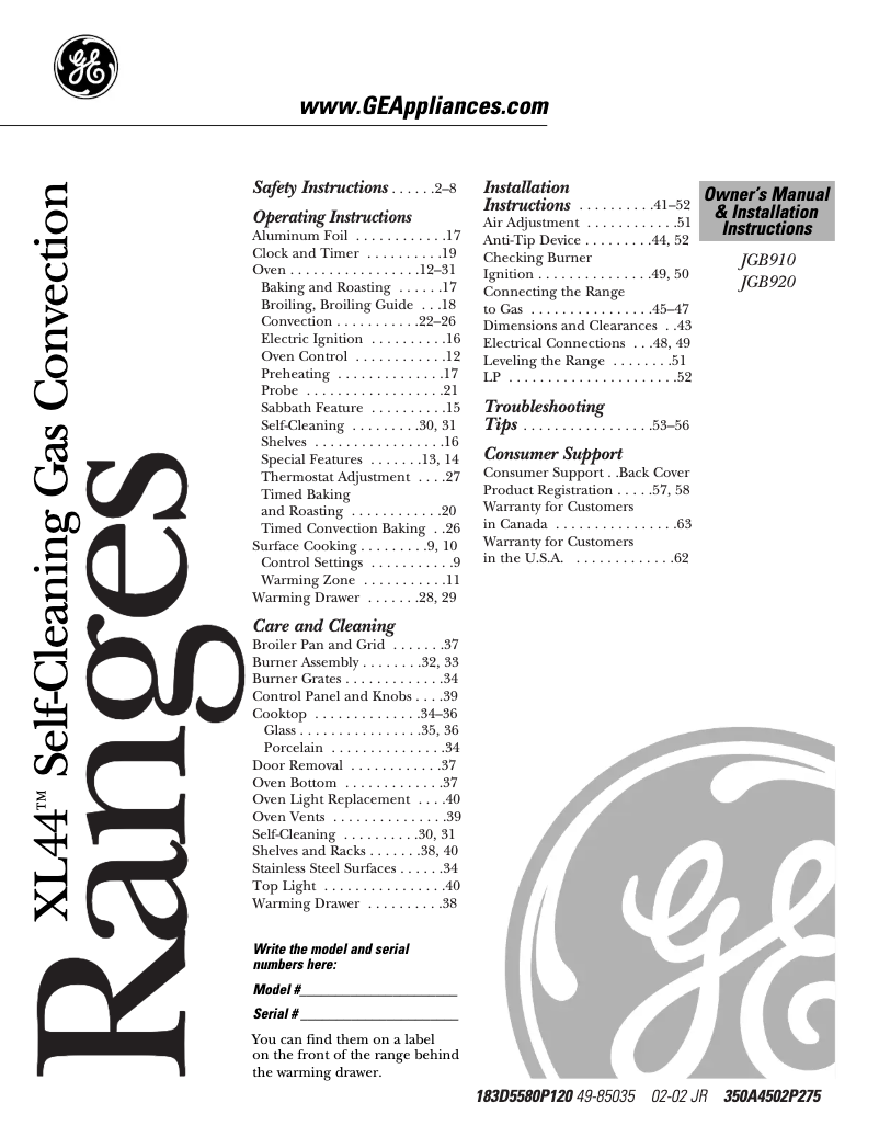 Page n°1 - Guide d'installation GE Profile Spectra JGB910BECBB