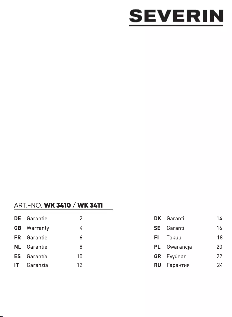 Page n°1 - Informations de garantie Severin WK 3410