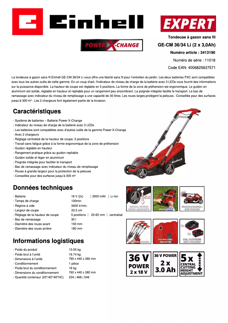 Page 1 de la notice Fiche technique Einhell GE-CM 36/34 Li