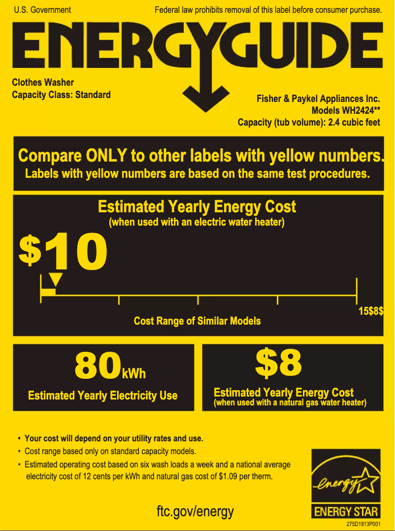 Page 1 de la notice Label énergétique Fisher & Paykel WH2424F1