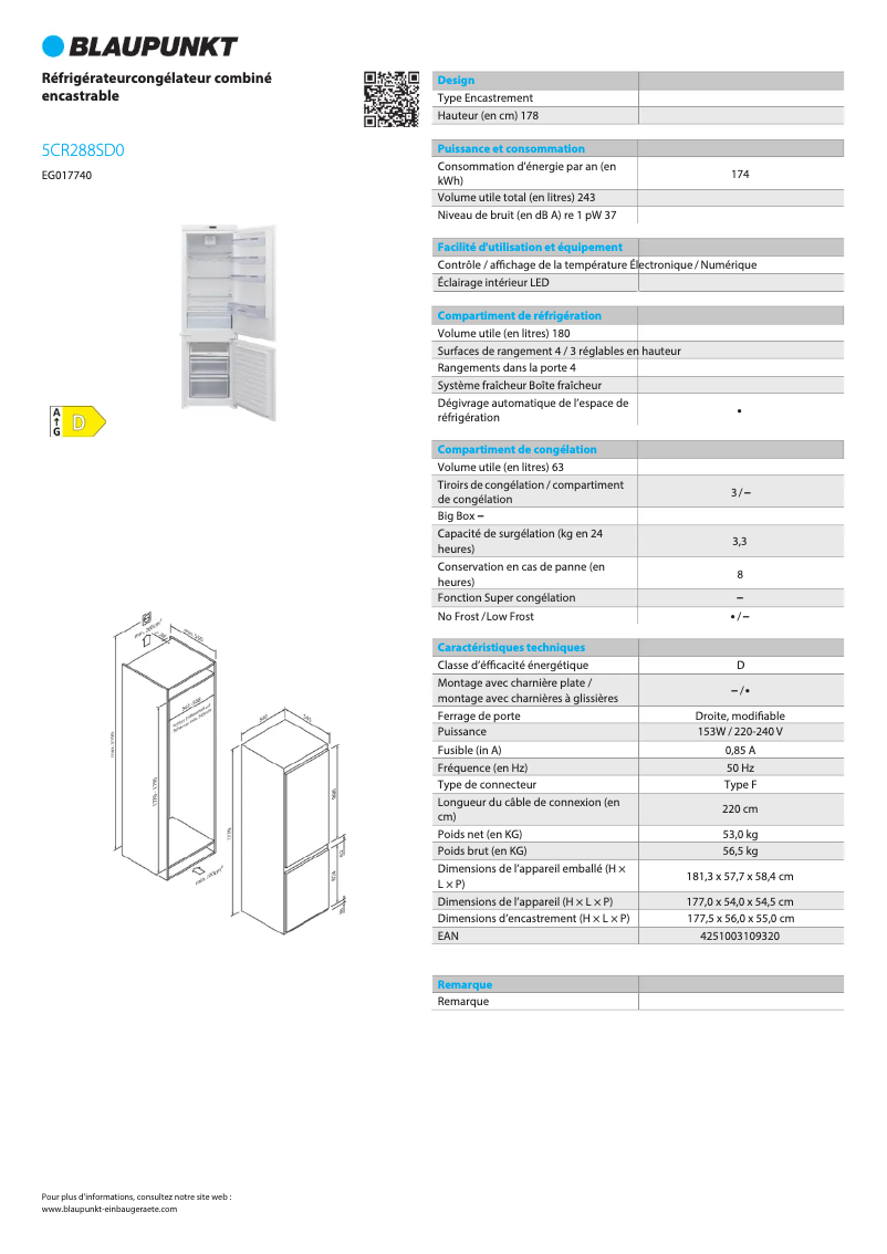 Page n°1 - Fiche technique Blaupunkt 5CR288SD0