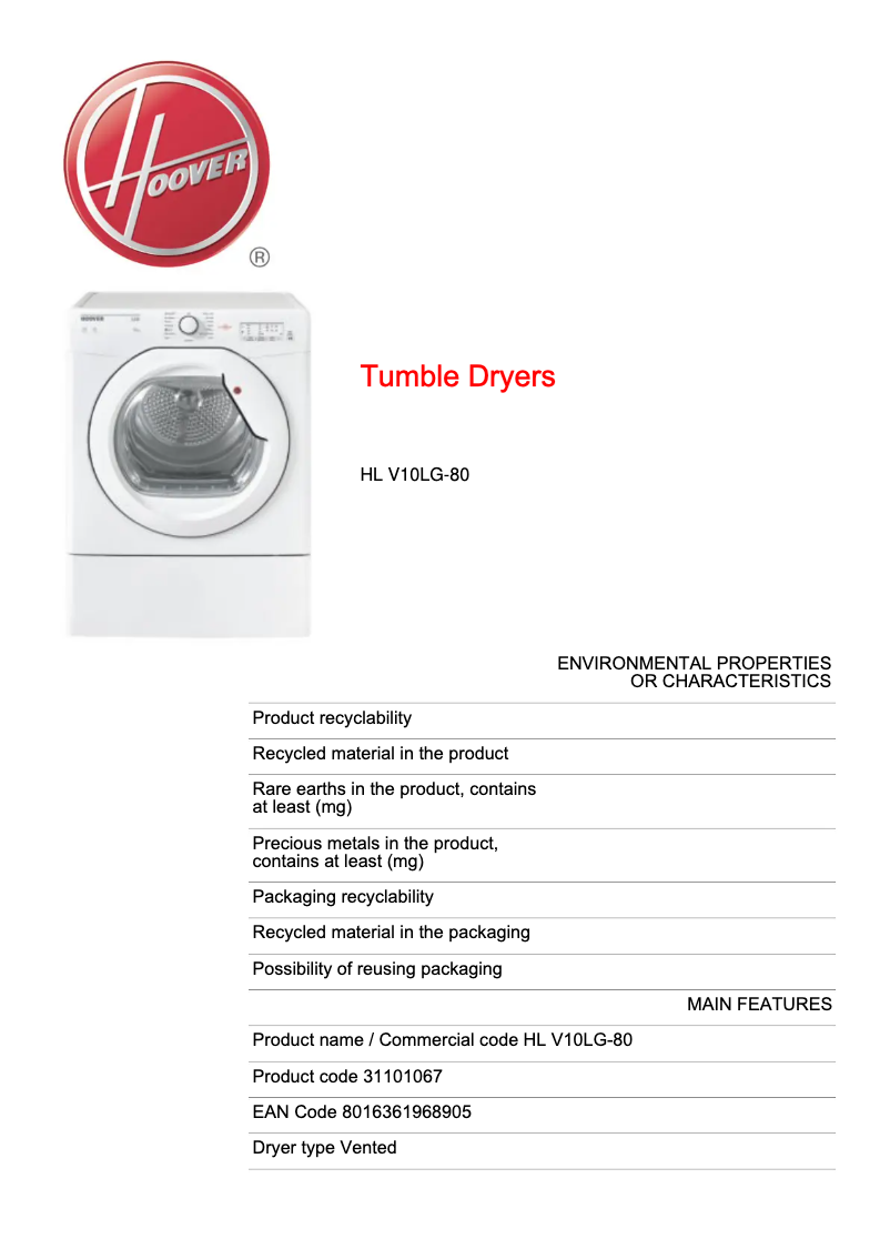 Page 1 de la notice Fiche technique Hoover HL V10LG-80